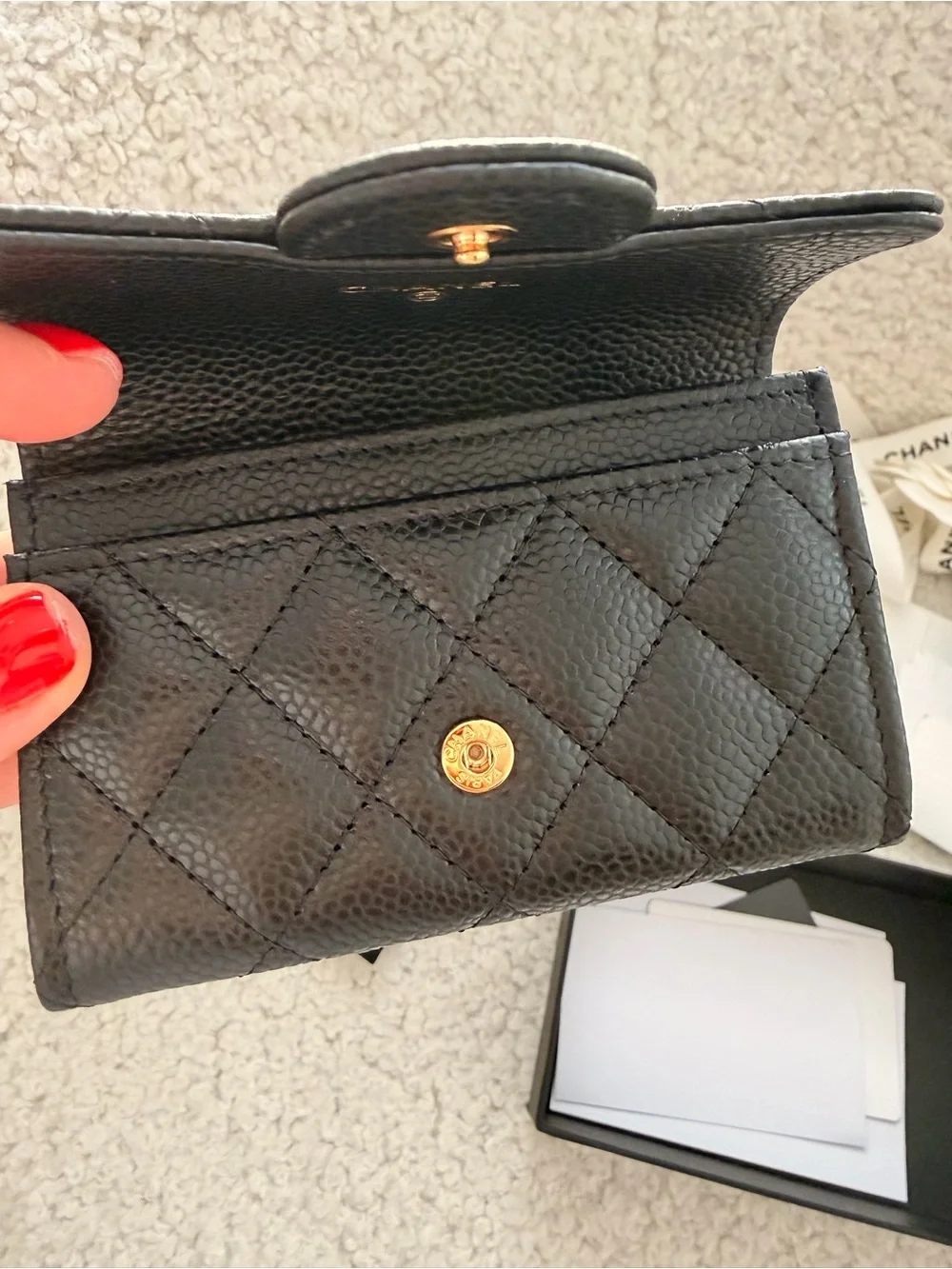 CHANEL Black Quilted Pebbled Leather Card holder Wallet with Gold CC brand new